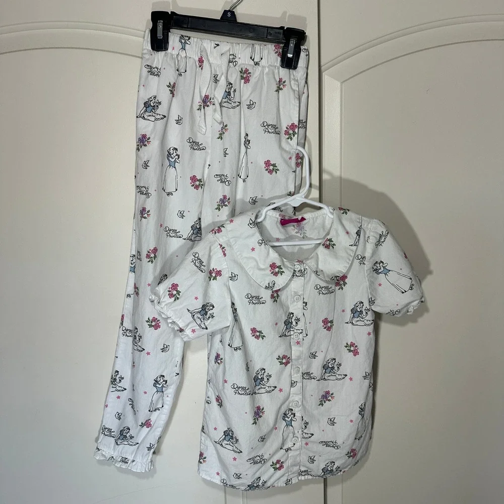 Vintage Disney Princess‎ Snow White Print Pajama Set Girls 8/9 White Cotton